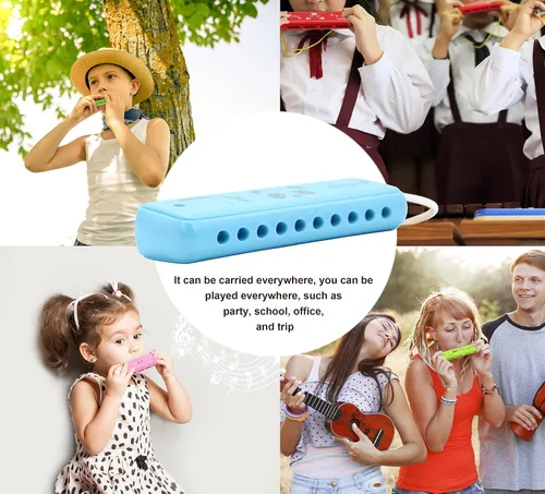 Vista 5 de Crafteem Armónica de blues colorida, clave de do para niños, niños pequeños, principiantes, instrumento musical de juguete con 10 agujeros y 20 tonos