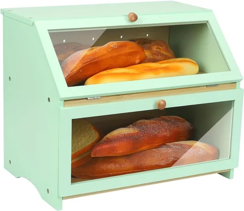 Vista 10 de HOMEKOKO Panera grande de doble capa para encimera de cocina, contenedor de almacenamiento de pan de madera de gran capacidad (negro)
