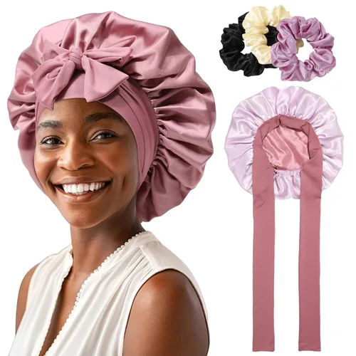 Vista 10 de Gorro de satén para mujer, con banda de amarre para el cabello, para dormir, grande de 2 capas, gorro de dormir de seda para dormir con 3 coleteros