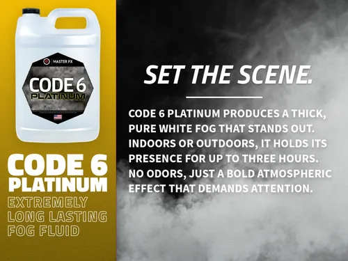 Vista 6 de Code 6 Platinum - Líquido de niebla prémium - Líquido de niebla a base de agua de alta densidad y larga duración para máquinas de 400 a 2000 vatios.