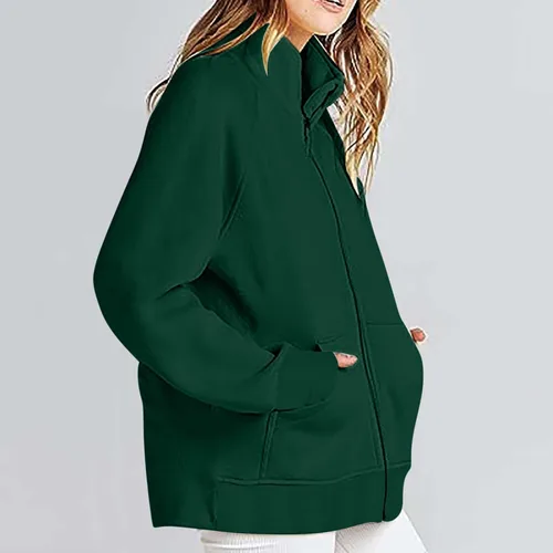 Vista 8 de Ceboyel Sudaderas con capucha y cremallera para mujer, a la moda, color sólido, sudadera holgada con cremallera, ropa de moda cómoda