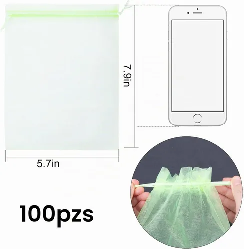 Vista 2 de 100 bolsas de protección de frutas verdes de 6 x 8 pulgadas, bolsas de malla para frutas con cordón, bolsa de malla para proteger las plantas