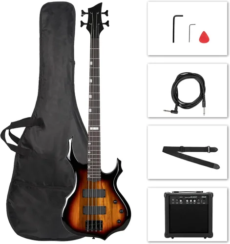Vista 12 de Ktaxon - Kit de bajo eléctrico, tamaño completo, diseño de llama, color negro Full Equipment with 20 Watt Amplifier, Portable Bass Bag, Superior