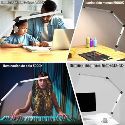 Vista 6 de Micomlan Lámpara de escritorio LED con abrazadera, lámpara de mesa de doble luz con brazo oscilante ajustable, cuidado de los ojos, 4 modos CCT y 5