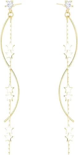 Vista 7 de SLUYNZ Aretes colgantes de plata de ley con forma de estrella para mujeres y adolescentes, aretes largos con cadena y borla curvada A-Plata