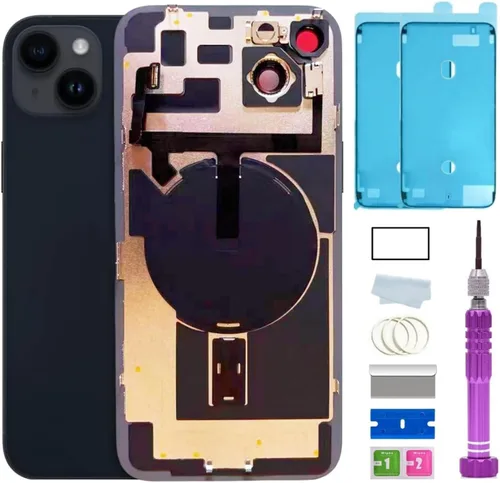 Vista 14 de Reemplazo de vidrio trasero de 14 pulgadas con placa y cable flexible y todas las piezas para iPhone 14 (azul, 6.1 pulgadas) + cinta impermeable +