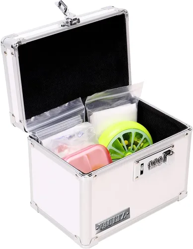 Vista 11 de Vaultz Caja de medicamentos con cerradura de combinación, caja de seguridad de metal segura para medicamentos, píldoras y objetos de valor, pequeña