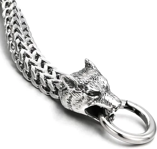 Vista 5 de COOLSTEELANDBEYOND Biker - Pulsera de acero inoxidable para hombre con cabeza de lobo con cierre de anillo de resorte