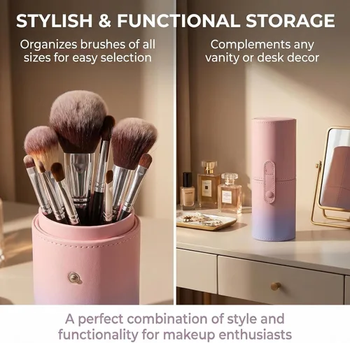 Vista 6 de VASANA Organizador de brochas de maquillaje de piel sintética rosa con tapa, herramientas de maquillaje portátiles, estuche organizador de gran