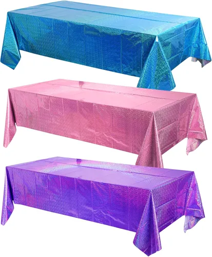 Vista 29 de Paquete de 3 manteles de plástico negro iridiscente, manteles rectangulares desechables con láser, mantel de lámina holográfica para Halloween