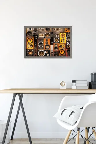 Vista 6 de Trends International Póster de pared con altavoz retro, 14.725 x 22.375 pulgadas, versión enmarcada de madera de granero