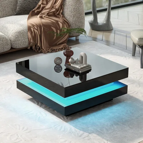 Vista 3 de Mesa auxiliar LED moderna de alto brillo con luces LED de 16 colores, mesa de centro cuadrada de 2 niveles, mesa central para sala de estar (negro)