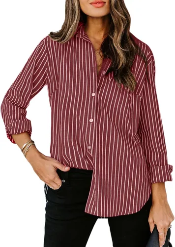 Vista 9 de Siliteelon - Camisas de botones para mujer, camisa de vestir a rayas de algodón, de manga larga, cuello con solapa, para oficina y trabajo