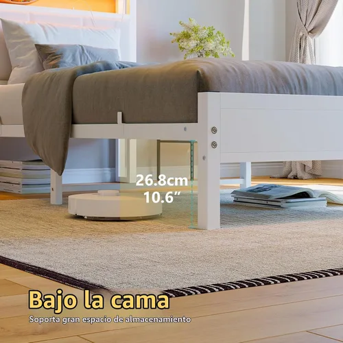 Vista 7 de Base de cama individual con estación de carga y luces LED, cabecera tapizada con estantes de almacenamiento, listones de metal resistentes,