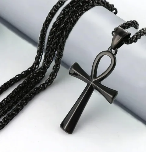 Vista 2 de Collar con colgante de cruz de Ankh copta egipcia antigua de acero inoxidable para niños, mujeres y hombres, en cadena Rolo de 24 pulgadas