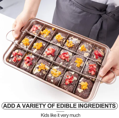 Vista 6 de Sartén para brownie con divisores antiadherentes para brownies, haz 18 brownies precortados a la vez, bandeja para hornear brownie individual