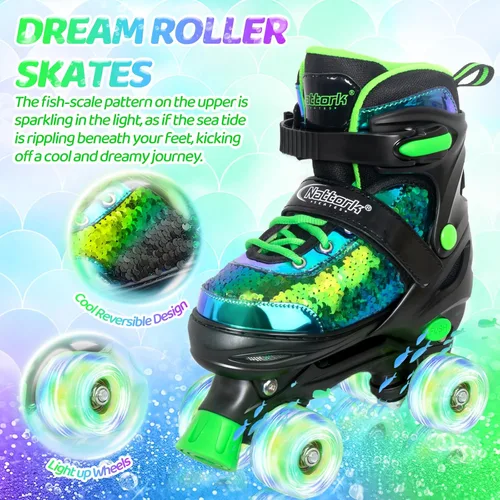 Vista 2 de Nattork Patines de ruedas para niños y niñas, 4 tamaños ajustables, patines cuádruples con lentejuelas y todas las ruedas iluminadas para niños