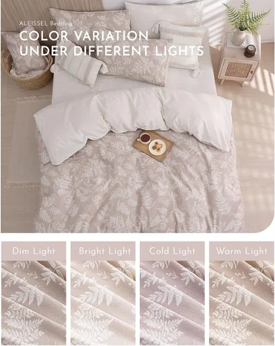 Vista 5 de ALEISSEL Juego de funda de edredón de 2 piezas de 100 % algodón natural, funda de edredón beige rubor con lujosos estampados de hojas blancas rotas