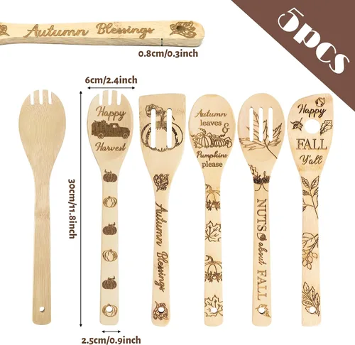 Vista 2 de Eartim Juego de utensilios de cocina de madera de otoño – 7 piezas de calabaza de otoño, utensilios de cocina de calabaza de otoño, cuchara de bambú