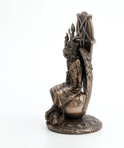 Vista 4 de Veronese Design Baphomet de 8 1/2 pulgadas sentado en el globo caído Wiccan Estatua de resina acabado de bronce