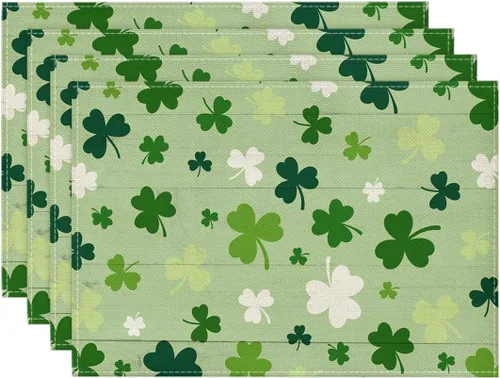 Vista 8 de Artoid Mode Juego de 4 manteles individuales del día de San Patricio con trébol beige de 12 x 18 pulgadas para decoración de fiestas, cocina, comedor