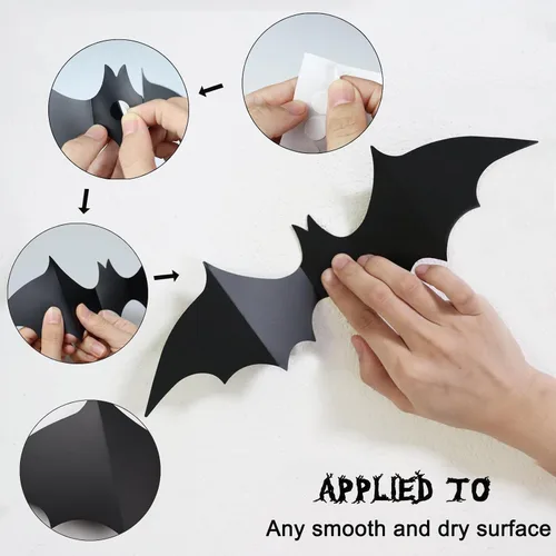 Vista 8 de Decoración de pared de murciélagos 3D de Halloween, 70 unidades, 5 tamaños diferentes, color negro mate, reutilizables, de PVC, calcomanías