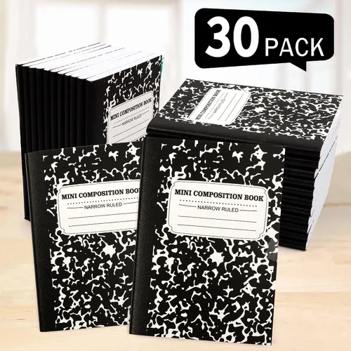 Vista 4 de feela Mini cuaderno de composición, lindo paquete de 30 mini libros de composición a rayas negras a granel, cuadernos de bolsillo pequeño de mármol