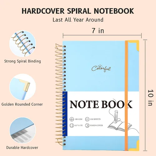 Vista 3 de Yoment Cuaderno de espiral B5 con bolsillos para carpeta, 200 páginas de tapa dura, diario de rayas universitarias, papel grueso de 3.53 oz/m²