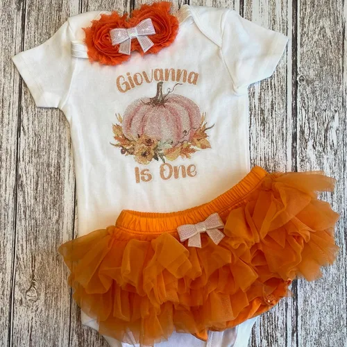 Vista 12 de First Birthday Pumpkin Baby Girl Personalized Name Bodysuit This Pumpkin is One Optional Accessories