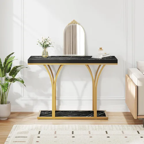 Vista 9 de YITAHOME Mesa consola dorada con luces LED, mesa de entrada, moderna y estrecha mesa auxiliar para sofá lateral con parte superior de mármol