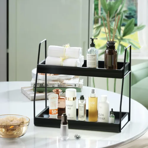 Vista 6 de ZGO Organizador moderno de 2 niveles para encimera de baño, estante organizador de fregadero de madera para almacenamiento de tocador, esquina