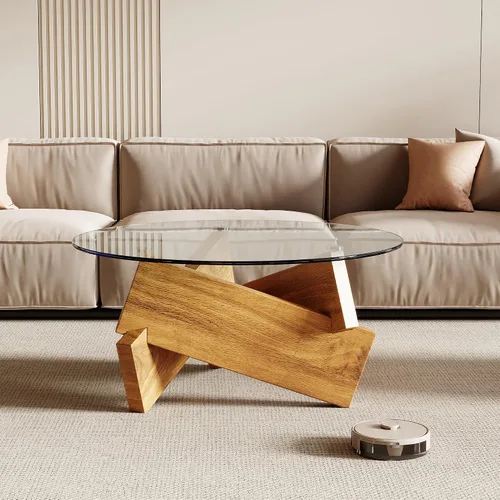 Vista 5 de Honyee Mesa de café redonda moderna, 78 cm x 78 cm x 41 cm con tapa de cristal templado para sala de estar, Color: Madera natural