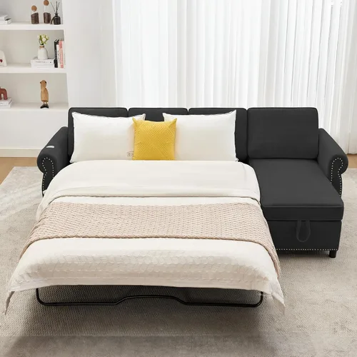 Vista 2 de 106" L Shaped Pull Out Sofa Bed, Modern Modular 4 Seater Storage Couch, 2-in-1 Sleeper Sofa Bed with Reversible Chaise and Wireless&USB Ports