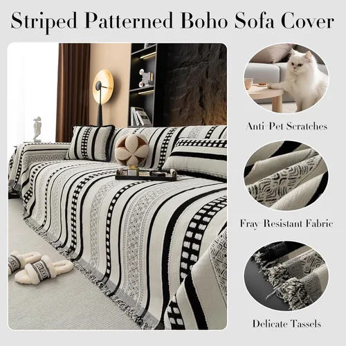 Vista 3 de Mantas con Rayas para Sofá, Fundas Boho para Sofá, Mantas para Sofá para Perros, Fundas Medianas para Sofá Reclinable y Silla, Fundas de Sofá