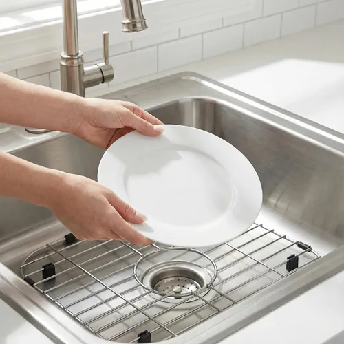 Vista 4 de Protectores de fregadero para fregadero de cocina, 12 x 11 pulgadas, protector de fregadero centrado en rejilla, material de acero inoxidable 304