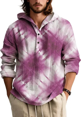 Vista 6 de Camisas de manga larga con estampado de teñido anudado para hombre, sudadera con capucha de 3 botones, sudadera retro cómoda con capucha