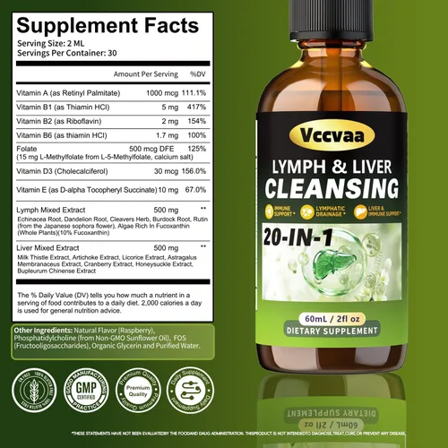 Vista 8 de Lymph & Liver Cleanse Liquid Drops, 20-in-1 Lymphatic Drainage Drops, Natural Herbal Complex with Milk Thistle, Echinacea, Fucoxanthin - Gentle