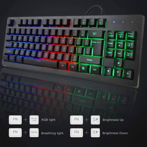 Vista 3 de BlueFinger Combo de teclado RGB para juegos de 87 teclas y mouse retroiluminado teclado arcoíris con cable USB juego de teclado para computadora