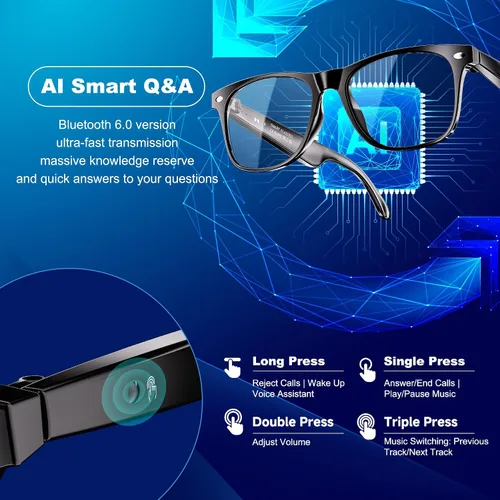 Vista 5 de Gafas inteligentes AI, gafas de traducción con GPT de chat y 164 idiomas Bluetooth Glasses with Photochromic Lens, Music Playback & Hands-Free