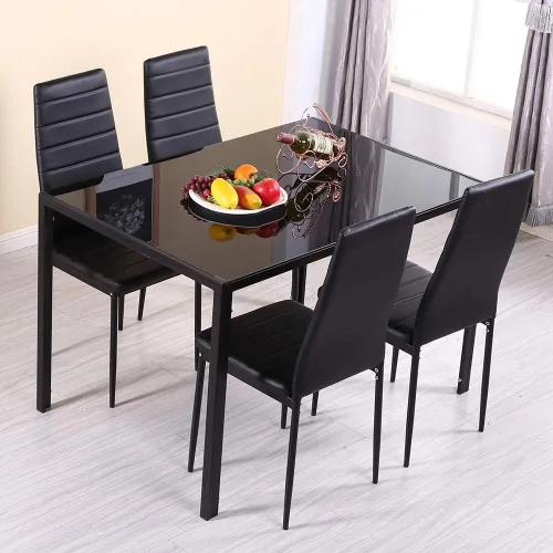 Vista 3 de Mesa de comedor negra de 47 pulgadas para 2-6 personas, mesa de comedor de vidrio templado con patas de metal, mesa rectangular de cocina
