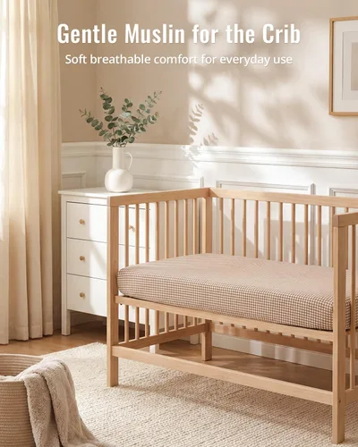 Vista 9 de Blissful Diary Muslin Crib Sheets, 2 Pack, Beige Gingham & Brown Gingham fitted for 52''x28'' crib mattress, soft and breathable cotton, boho