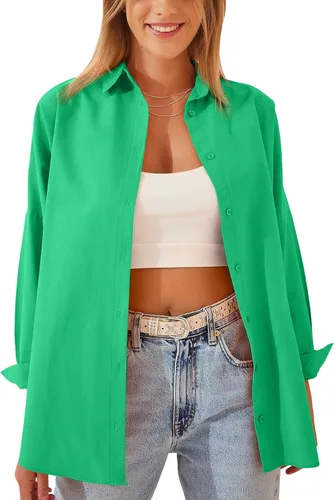 Vista 2 de HangNiFang Womens Oversized Button Down Shirts Long Sleeve Loose Fit Work Dressy Blouses Tops