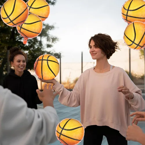 Vista 4 de 12 globos de baloncesto grandes de 18 pulgadas, globos redondos de aluminio con forma de baloncesto para deportes temáticos de baloncesto, partidos