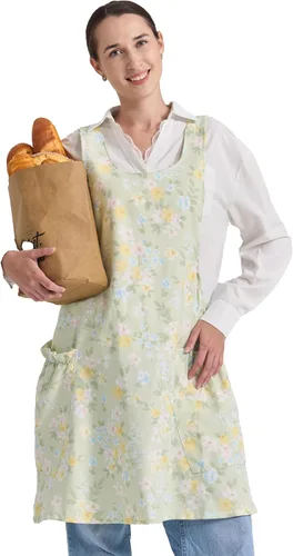 Vista 48 de Delantales ajustables con espalda cruzada para mujer con bolsillos de algodón y lino para cocinar y hornear