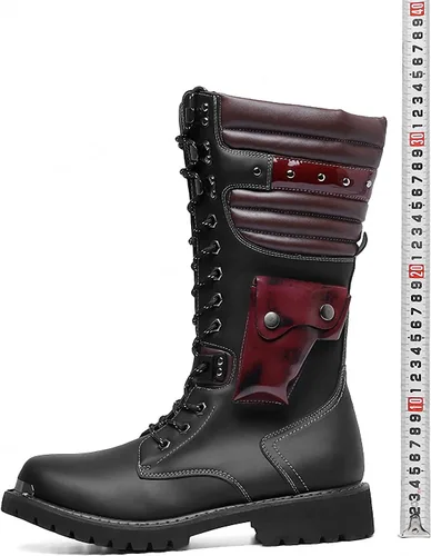 Vista 3 de Tebapi Botas de motocicleta para hombre, de cuero para mochileros, de media pantorrilla, militares, tácticas, botas de combate, con hebilla