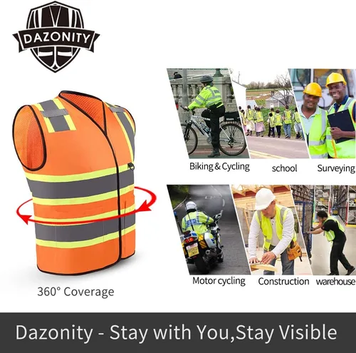 Vista 4 de Dazonity Chaleco de seguridad con múltiples bolsillos, 2 piezas, reflectante y de alta visibilidad para el trabajo, construcción, estacionamiento