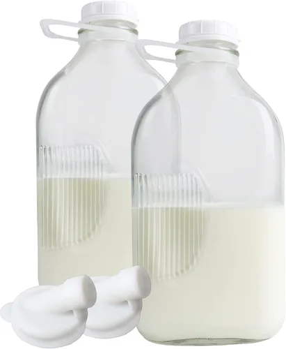 Vista 6 de The Dairy Shoppe Botella de leche de vidrio pesado, jarra con tapa y boquilla de silicona para verter, recipiente de leche transparente