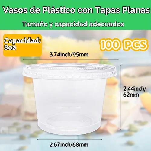 Vista 2 de Alaeseje Paquete de 100 vasos de plástico de 8 onzas con tapas planas (agujero en la tapa), vasos transparentes desechables, vasos de postre