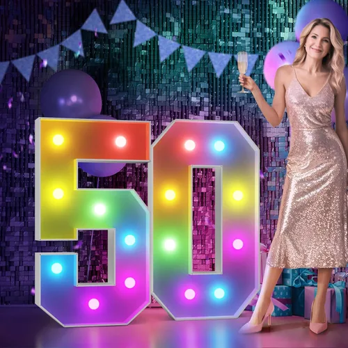 Vista 96 de Imprsv Letras coloridas de marquesina de 3 pies y letras grandes iluminadas RGB con control remoto, decoraciones de fiesta de cumpleaños Carta