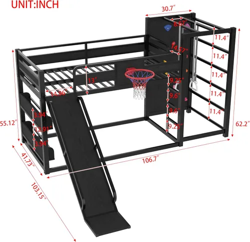 Vista 2 de Cama tipo loft de metal individual con estanterías deslizantes y de almacenamiento, marco de cama de metal resistente con aro de baloncesto, anillos